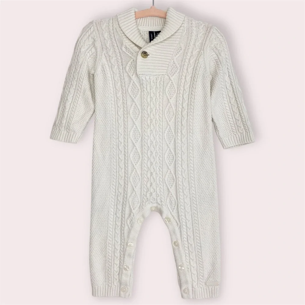 Janie and Jack Baby Romper Cream Cable Knit Shawl Collar Button Front 3-6 Months